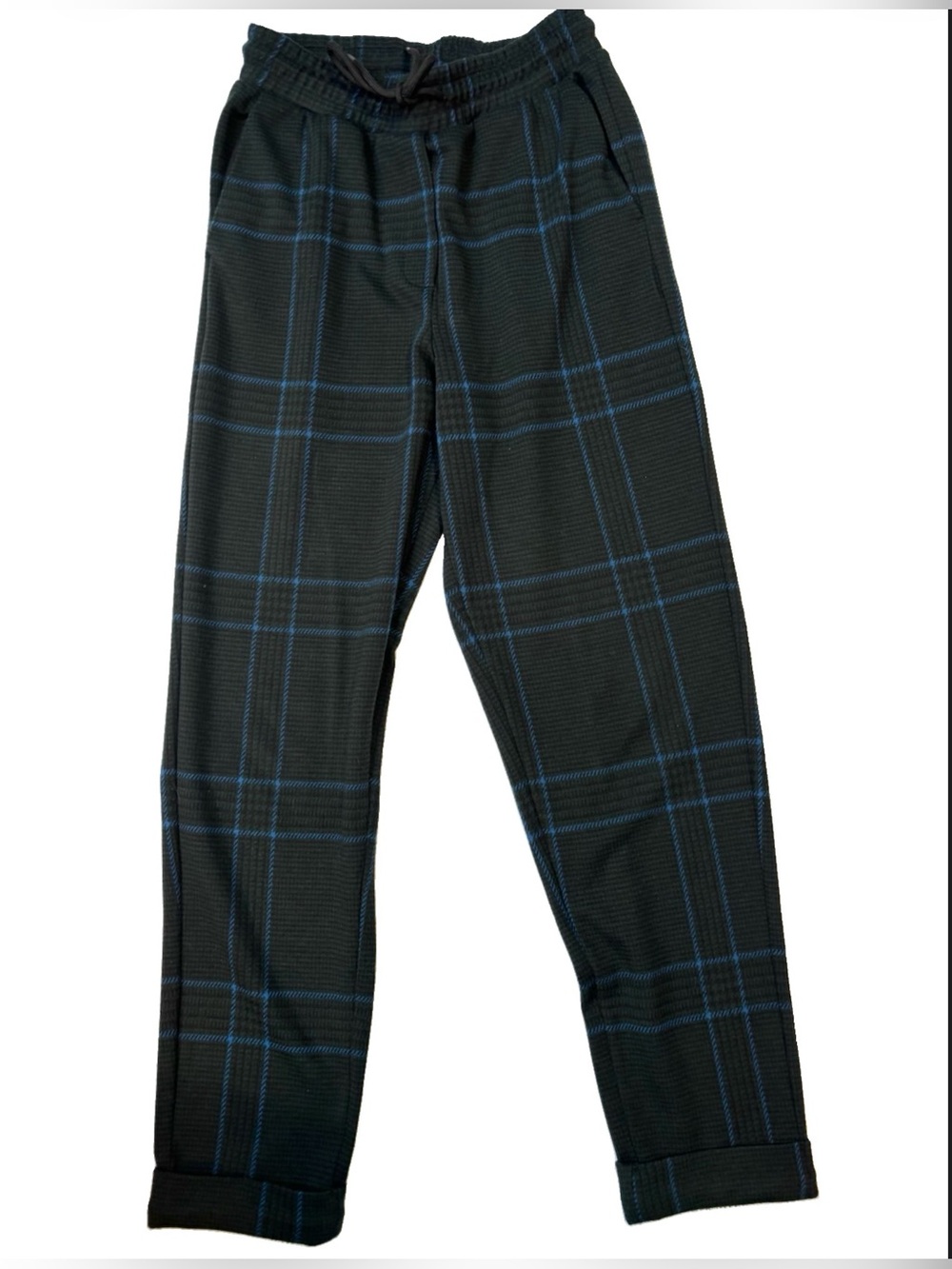 Women's Black Plaid pull on stretch Trousers with Blue Windowpane